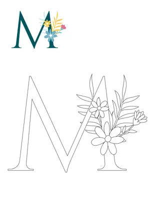 Free printable English alphabet M with flower for tracing and coloring worksheet PDF