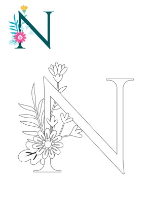 Free printable English alphabet N with flower for tracing and coloring worksheet PDF