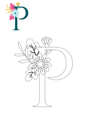 Free printable English alphabet P with flower for tracing and coloring worksheet PDF