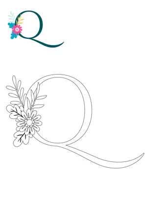 Free printable English alphabet Q with flower for tracing and coloring worksheet PDF