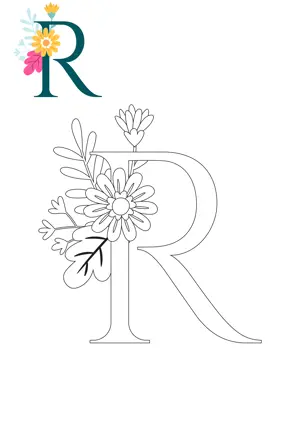 Free printable English alphabet R with flower for tracing and coloring worksheet PDF