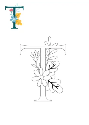 Free printable English alphabet T with flower for tracing and coloring worksheet PDF