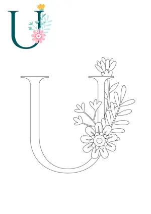 Free printable English alphabet U with flower for tracing and coloring worksheet PDF