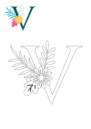 Free printable English alphabet V with flower for tracing and coloring worksheet PDF