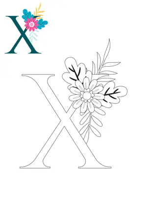 Free printable English alphabet X with flower for tracing and coloring worksheet PDF