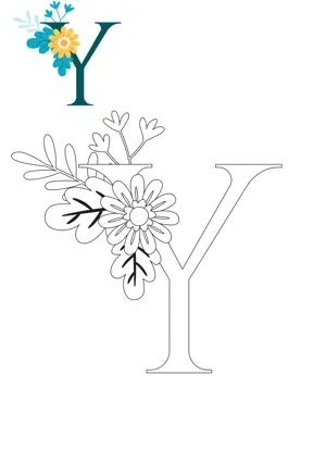 Free printable English alphabet Y with flower for tracing and coloring worksheet PDF