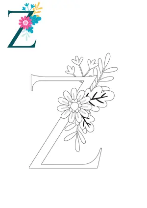 Free printable English alphabet Z with flower for tracing and coloring worksheet PDF