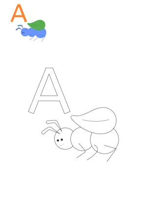 Free printable English alphabets A with animal for tracing and coloring worksheet PDF