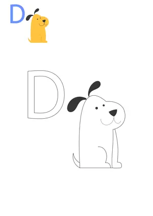 Free printable English alphabets D with animal for tracing and coloring worksheet PDF