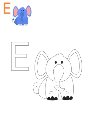 Free printable English alphabets E with animal for tracing and coloring worksheet PDF