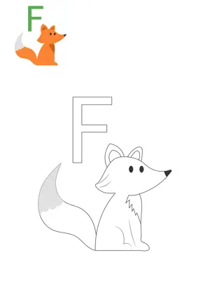 Free printable English alphabets F with animal for tracing and coloring worksheet PDF