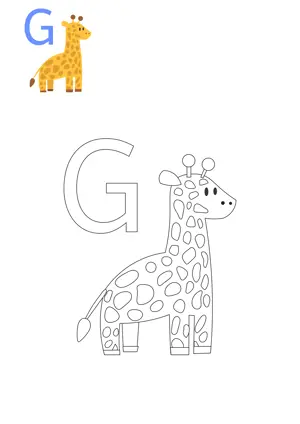 Free printable English alphabets G with animal for tracing and coloring worksheet PDF