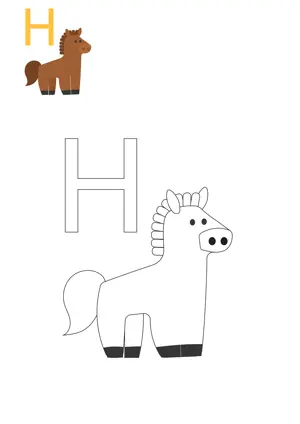 Free printable English alphabets H with animal for tracing and coloring worksheet PDF