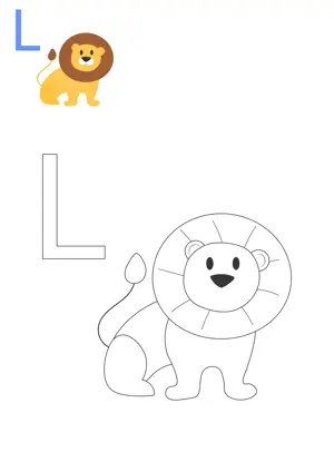 Free printable English alphabets L with animal for tracing and coloring worksheet PDF