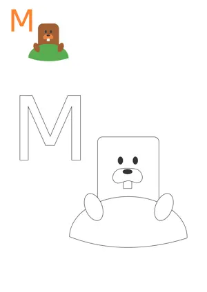 Free printable English alphabets M with animal for tracing and coloring worksheet PDF