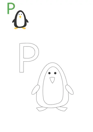 Free printable English alphabets P with animal for tracing and coloring worksheet PDF