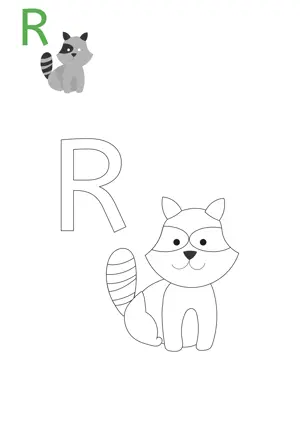 Free printable English alphabets R with animal for tracing and coloring worksheet PDF