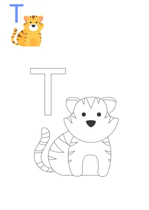 Free printable English alphabets T with animal for tracing and coloring worksheet PDF