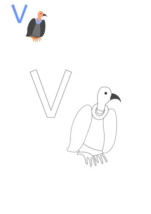 Free printable English alphabets V with animal for tracing and coloring worksheet PDF