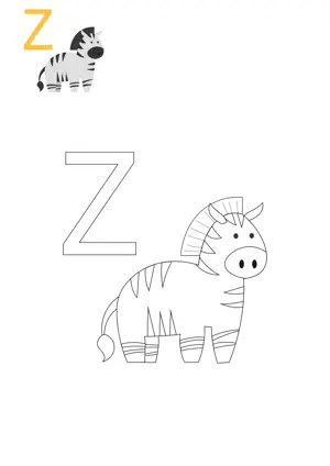 Free printable English alphabets Z with animal for tracing and coloring worksheet PDF