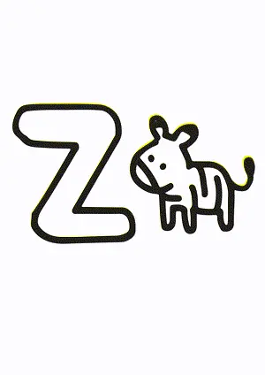 Free printable English alphabet Z with animal for tracing and coloring worksheet PDF