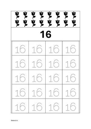 Number 16 Tracing Worksheets For Kindergarten/Preschool- 20 Tracing Block Free Printable worksheet PDF