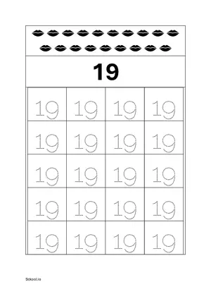 Number 19 Tracing Worksheets For Kindergarten/Preschool- 20 Tracing Block Free Printable worksheet PDF