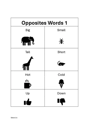 Opposite Words Worksheet Set 1 - Free Printable Worksheets of Opposite words for Kindergarten/Preschool PDF