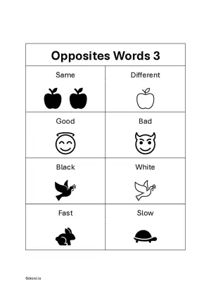 Opposite Words Worksheet Set 3 - Free Printable Worksheets of Opposite words for Kindergarten/Preschool PDF