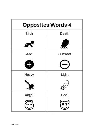 Opposite Words Worksheet Set 4 - Free Printable Worksheets of Opposite words for Kindergarten/Preschool PDF