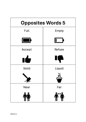 Opposite Words Worksheet Set 5 - Free Printable Worksheets of Opposite words for Kindergarten/Preschool PDF