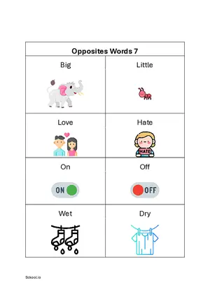 Opposite Words Worksheet Set 7 - Free Printable Worksheets of Opposite words for Kindergarten/Preschool PDF