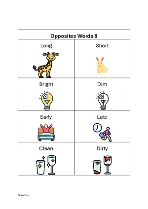 Opposite Words Worksheet Set 8 - Free Printable Worksheets of Opposite words for Kindergarten/Preschool PDF