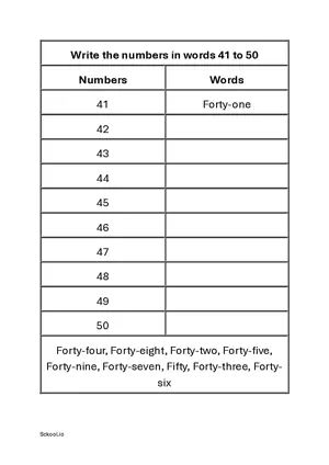 Number in Words - Number Names Worksheet 41 to 50 Free Printable Worksheet of Number in words For Kindergarten/Preschool/LKG PDF