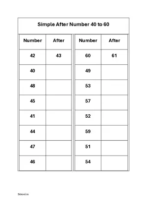 After Number Practice worksheet 40 to 60. Free printable math worksheet PDF