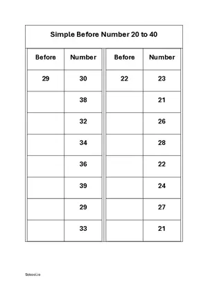 Before Number Practice worksheet 20 to 40. Free printable math worksheet PDF