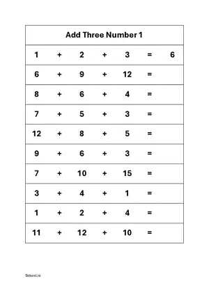 Add three numbers Addition practice worksheet 1 Free printable math worksheet