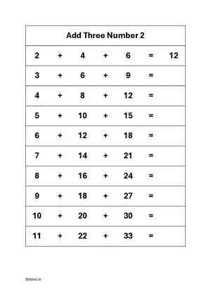 Add three numbers Addition practice worksheet 2 Free printable math worksheet