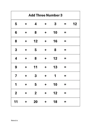 Add three numbers Addition practice worksheet 3 Free printable math worksheet