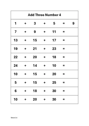 Add three numbers Addition practice worksheet 4 Free printable math worksheet