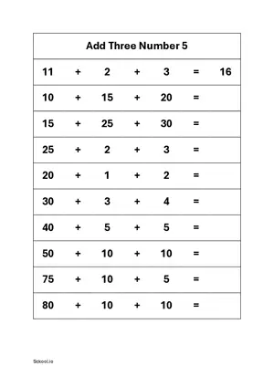 Add three numbers Addition practice worksheet 5 Free printable math worksheet