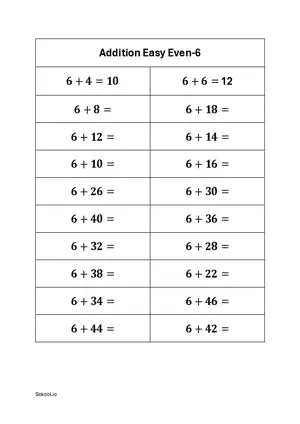 Add Even Numbers. Simple Addition of even numbers 6 Free printable math worksheet