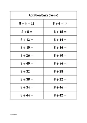 Add Even Numbers. Simple Addition of even numbers 8 Free printable math worksheet