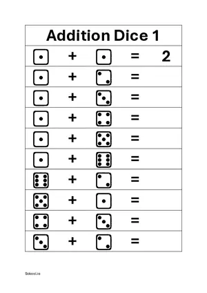 Simple addition with dice Free printable math worksheet