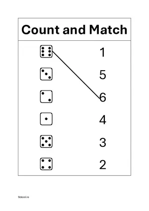 Count and match dice dots Single dice Free printable math worksheet