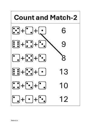 Count and match dice dots Trippel dice Free printable math worksheet