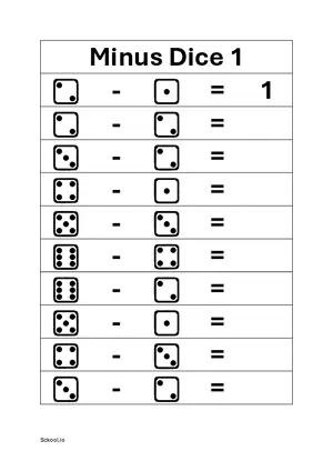 Simple Minus (Subtraction) with dice Free printable math worksheet