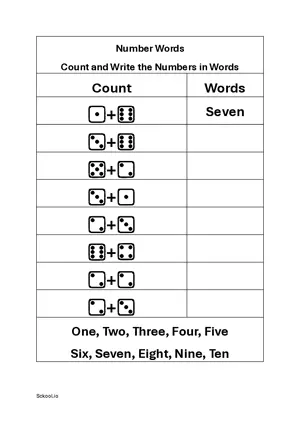 Number in words Count both dice dots and Write the Numbers in Words 2 Free printable math worksheet