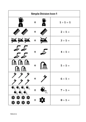 Simple division with icons worksheet 1 Free printable division worksheet